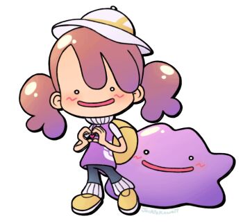 1girl animated animated_gif backpack bag blush commentary ditto female_protagonist_(pokemon_pokopia) full_body gen_1_pokemon grey_pants hat heart heart_hands jackie_kawaii nintendo o_o open_mouth pants pokemon pokemon_(creature) pokemon_pokopia purple_hair purple_shirt shirt shoes short_sleeves simple_background smile standing transformed_ditto twintails white_background white_hat yellow_bag yellow_shoes