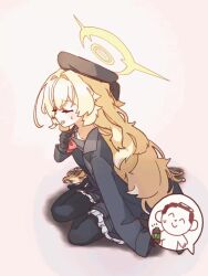 1girl animated black_bra black_pantyhose blonde_hair blue_archive bra bra_peek clothes_pull coat dro_(eveveb_414) hat highres loli long_hair looking_at_viewer pantyhose professor_niyaniya_(blue_archive) sensei_(blue_archive) sitting skirt tagme tongue tongue_out underwear video yellow_eyes yokozuwari