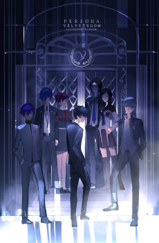 2girls 5boys absurdres amamiya_ren amano_maya armband belt black_belt black_footwear black_hair blue_hair blue_necktie bow brown_hair closed_mouth collared_shirt fiolox full_body gekkoukan_high_school_uniform grey_hair hands_in_pockets headphones highres jacket long_sleeves medium_hair multiple_boys multiple_girls narukami_yu neck_ribbon necktie open_clothes open_jacket pants persona persona_1 persona_2 persona_3 persona_4 persona_5 plaid_clothes plaid_pants purple_hair red_bow ribbon school_uniform seven_sisters_high_school_uniform shiomi_kotone shirt short_hair shuujin_academy_school_uniform sparkle st._hermelin_school_uniform standing suou_tatsuya toudou_naoya unworn_headphones velvet_room white_shirt yasogami_school_uniform yuuki_makoto_(persona_3)