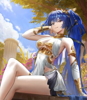1girl absurdres ahoge ancient_greek_clothes angelo_(angeloart26) arm_up armlet bare_shoulders black_skirt blue_eyes blue_hair blue_sky breasts cleavage closed_mouth commentary crossed_legs day feet_out_of_frame gold_bra greco-roman_clothes hashtag-only_commentary highres iuno_(wuthering_waves) jewelry laurel_crown long_hair looking_at_viewer medium_breasts multicolored_hair outdoors sitting skirt sky smile solo streaked_hair thighlet thighs twintails vambraces wuthering_waves