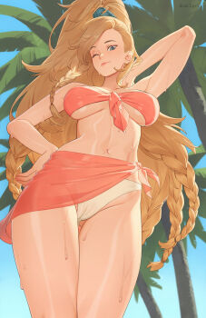1girl artist_name bikini blonde_hair blue_eyes braid breasts breasts_apart cameltoe closed_mouth commentary cowboy_shot day dnaitari from_below gemma_(monster_hunter_wilds) gluteal_fold hand_on_own_hip high_ponytail highres large_breasts long_hair looking_at_viewer mismatched_bikini monster_hunter_(series) monster_hunter_wilds multiple_braids navel one_eye_closed orange_bikini orange_sarong outdoors palm_tree ponytail sarong solo standing strapless strapless_bikini swimsuit thigh_gap tree very_long_hair water_drop wet white_bikini