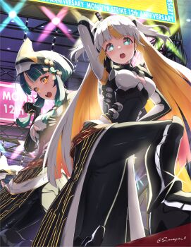 2girls absurdres anniversary arm_up bad_tag blonde_hair blue_eyes blush bodysuit breasts commentary_request green_hair highres long_hair looking_at_viewer magia_(monster_strike) medium_breasts medium_hair monster_strike multicolored_hair multiple_girls open_mouth orange_eyes s-masa_7131 signature smile stage standing star-shaped_pupils star_(symbol) sweatdrop symbol-shaped_pupils torn_bodysuit torn_clothes white_hair yakumo_(monster_strike)