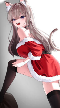 Rule 34 | absurdres, adjusting clothes, adjusting legwear, animal ear fluff, animal ears, bare shoulders, belt, black belt, black choker, black thighhighs, blue eyes, blush, borrowed character, brown hair, cat ears, cat girl, cat tail, choker, dress, extra ears, facial mark, fur-trimmed dress, fur trim, highres, indie virtual youtuber, long hair, off-shoulder dress, off shoulder, open mouth, red dress, santa costume, santa dress, seorang (vtuber), sobayaki18, sweat, tail, teeth, thighhighs, upper teeth only, virtual youtuber