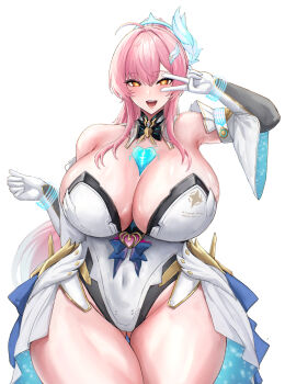 1girl absurdres aemeath_(wuthering_waves) alternate_breast_size_(larger) arm_up armpits bare_shoulders blush bodysuit breasts cleavage curvy elbow_gloves gloves gluteal_fold hair_ornament heart highres huge_breasts long_hair nanasuru open_mouth pink_hair smile solo star-shaped_pupils star_(symbol) symbol-shaped_pupils tacet_mark_(wuthering_waves) thick_thighs thighs v v_over_eye white_bodysuit white_gloves wuthering_waves yellow_eyes