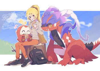 1girl backpack bag black_shoes blonde_hair blush commentary_request day dot_nose food fuecoco full_body grey_jacket hair_between_eyes holding holding_food jacket koraidon letterboxed long_hair long_sleeves magia_record:_mahou_shoujo_madoka_magica_gaiden mahou_shoujo_madoka_magica nintendo open_mouth orange_pants outdoors outline outside_border pants pokemon pokemon_(creature) ponytail red_eyes sandwich serizawa_serizane shoes sitting striped_clothes striped_pants togame_momoko tree_stump vertical-striped_clothes vertical-striped_pants watermark white_outline