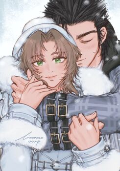 1boy 1girl aerith_gainsborough aerith_gainsborough_(fairy_of_snowfall) belt_buckle black_hair blush brown_hair buckle closed_eyes closed_mouth coat commentary couple cross_scar facial_scar final_fantasy final_fantasy_vii final_fantasy_vii_ever_crisis fur-trimmed_coat fur_trim green_eyes grey_coat hat hetero hug hug_from_behind linono long_sleeves looking_at_viewer official_alternate_costume outdoors parted_bangs pom_pom_(clothes) scar scar_on_cheek scar_on_face signature smile snow snowing sparkle upper_body white_coat white_hat winter_clothes zack_fair zack_fair_(holiday_suit)