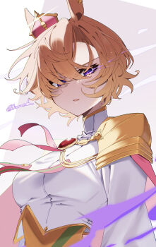 1girl absurdres animal_ears cape crown glowing glowing_eye hair_between_eyes highres horse_ears horse_girl jacket koroeda6 looking_at_viewer open_mouth orange_hair pink_cape purple_eyes short_hair solo t.m._opera_o_(o_sole_suo!)_(umamusume) t.m._opera_o_(umamusume) umamusume white_jacket