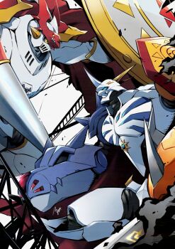 Rule 34 | arm blade, armor, ayo (ayosanri009), blue eyes, cape, digimoji, digimon, digimon (creature), digimon adventure, digimon tamers, dukemon, highres, holding, holding polearm, holding shield, holding weapon, horns, lance, looking at viewer, mecha, omegamon, polearm, red cape, robot, shield, sword, weapon, white armor, white background, yellow eyes