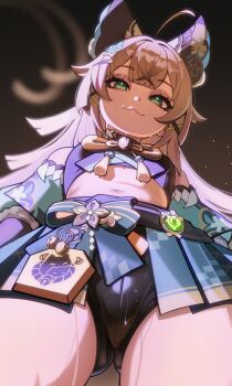 1girl animal_ear_fluff animal_ears bell bike_shorts blonde_hair cowboy_shot crop_top deitysexual from_below genshin_impact gradient_background green_eyes hair_ornament highres jingle_bell kirara_(genshin_impact) light_blush long_hair looking_at_viewer midriff ribbon simple_background smile solo solo_focus