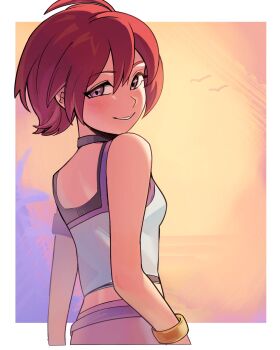 1girl bare_shoulders bird black_choker blue_eyes breasts camisole choker commentary hair_between_eyes highres kairi_(kingdom_hearts) kingdom_hearts kingdom_hearts_i light_blush looking_at_viewer midriff parted_lips pink_skirt red_hair shirt short_hair skirt sleeveless sleeveless_shirt small_breasts smile solo undershirt upper_body white_background white_camisole wreckedpolygon wristband