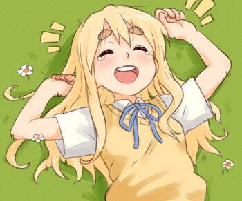 1girl arms_up beachepisode blonde_hair blush brown_sweater_vest closed_eyes collared_shirt double-parted_bangs flower grass hair_between_eyes highres k-on! kotobuki_tsumugi long_hair lying on_back open_mouth sakuragaoka_high_school_uniform school_uniform shirt short_sleeves smile solo sweater_vest teeth thick_eyebrows upper_teeth_only white_shirt