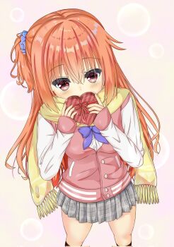 Rule 34 | 1girl, blue bow, blue bowtie, blue scrunchie, blush, bow, bowtie, box, buttons, commentary request, corrupted twitter file, covered mouth, cowboy shot, eyes visible through hair, fringe trim, gift, grey skirt, hair between eyes, hair ornament, hair scrunchie, hands up, heart-shaped box, highres, holding, holding gift, inaba meguru, jacket, kusaya01411, letterman jacket, long hair, long scarf, looking at viewer, miniskirt, one side up, orange hair, pink background, plaid clothes, plaid skirt, pleated skirt, red eyes, sanoba witch, scarf, school uniform, scrunchie, sidelocks, simple background, skirt, sleeves past wrists, solo, valentine, very long hair, yellow scarf