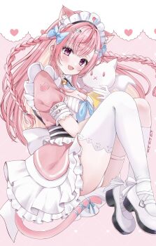1girl absurdres animal_ears asymmetrical_legwear blue_bow bow braid breasts cat_ears cat_girl cat_tail cleavage dress floating_hair full_body gloves hair_bow heart highres indie_virtual_youtuber kneehighs long_hair looking_at_viewer open_mouth oyuharu panties pink_background pink_dress pink_hair shoes short_sleeves smile socks solo tail thighhighs underwear uneven_legwear virtual_youtuber white_gloves white_panties white_shoes white_socks white_thighhighs yuuki_sakuna