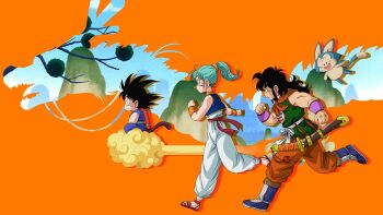 1girl 3boys aqua_hair arabian_clothes artist_request black_eyes black_hair blue_dougi blue_vest bracer bulma clenched_hands dougi dragon_ball dragon_ball_(classic) dragon_ball_xenoverse floating_clothes floating_hair flying_nimbus gladiator_sandals gold_bracer gold_choker highres indian_style loading_screen long_hair looking_ahead messy_hair monkey_boy monkey_tail multiple_boys muscular muscular_male official_art official_wallpaper orange_pants pants ponytail profile puar red_sash running ruyi_jingu_bang sandals sash scabbard sheath shenron_(dragon_ball) short_hair sitting smile son_goku sweatdrop tail third-party_source vest weapon weapon_on_back white_pants white_sash yamcha