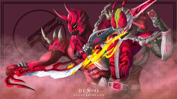 Rule 34 | 2boys, belt, dengasher sword mode, giganticbrush, highres, horns, kamen rider, kamen rider den-o, kamen rider den-o (series), kamen rider den-o (sword form), logo, male focus, momotaros, multiple boys, red eyes, smile, solo, standing, sword, sword form, weapon