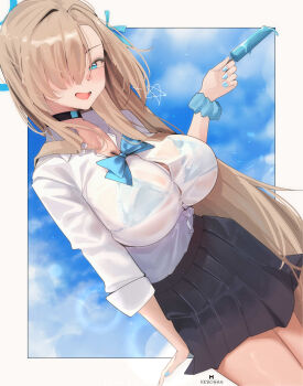 1girl artist_name asuna_(blue_archive) asuna_(school_uniform)_(blue_archive) blonde_hair blue_archive blue_eyes blue_halo blue_nails blue_sky border bow bowtie bra_visible_through_clothes breasts choker cloud food hair_over_one_eye hair_ribbon halo highres holding holding_food holding_popsicle kebohan large_breasts light_blush long_bangs long_hair looking_at_viewer outside_border pleated_skirt popsicle ribbon school_uniform see-through_clothes shirt skirt sky smile solo star_(symbol) sun_glare very_long_hair white_border white_shirt