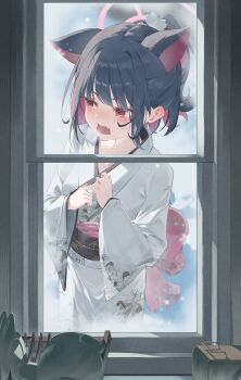 1girl absurdres alternate_costume animal_ears back_bow black_hair black_sash blue_archive blush bow cat_ears cat_girl colored_inner_animal_ears colored_inner_hair commentary extra_ears fang floral_print floral_print_kimono halo highres japanese_clothes kazusa_(blue_archive) kimono looking_to_the_side miku_rasha multicolored_hair obi open_mouth pink_bow pink_hair pink_halo print_kimono red_eyes sash solo symbol-only_commentary two-tone_hair white_kimono