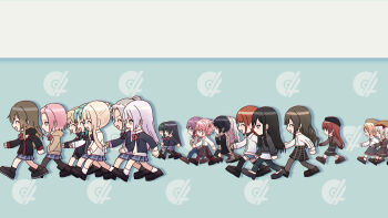 6+girls aqua_hair bangs_pinned_back black_hair black_jacket black_pantyhose blazer blonde_hair blue_background bow bowtie braid brown_hair brown_hat brown_jacket bun_with_braided_base character_request commentary d4dj deformed fukushima_noa green_hair grey_hair hair_bun hanamaki_towa hat highres hood hooded_jacket inuyose_shinobu izumo_saki jacket long_hair long_sidelocks long_sleeves miyake_aoi multiple_girls naruto_(classic) naruto_(series) niijima_ibuki one_side_up open_clothes open_jacket orange_hair pantyhose parody pink_hair ponytail purple_hair red_bow red_bowtie sakurada_miyu short_hair sidelocks single_hair_bun togetsu_rei walking white_jacket yamate_kyouko yano_hiiro yukitake_(bullfalk)