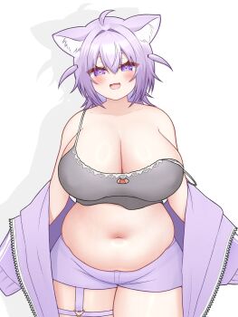 1girl :3 animal_ear_fluff animal_ears blush breasts camisole cat_ears cat_girl cleavage crop_top fang grey_camisole heart heart_o-ring hololive huge_breasts jacket medium_hair mochigomemcmc navel nekomata_okayu o-ring o-ring_thigh_strap off-shoulder_jacket off-shoulder_shirt off_shoulder open_clothes open_jacket open_mouth plump purple_eyes purple_hair purple_jacket purple_shorts shirt short_shorts shorts smile solo sparkling_eyes standing thigh_strap virtual_youtuber white_background wide_hips