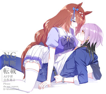 2girls all_fours animal_ears belt black_belt black_choker black_hair blue_bow blue_eyes blue_jacket blue_pants blue_ribbon bow braid breast_press brown_hair choker commentary_request ear_bow formal_clothes frilled_skirt frills from_side girl_on_top hair_between_eyes horse_ears horse_girl horse_tail jacket long_hair lying multicolored_hair multiple_girls nase_fumino on_back pant_suit pants pleated_skirt profile purple_hair red_eyes ribbon romi_(346_ura) school_uniform serafuku shirt short_sleeves skirt smile suit super_creek_(umamusume) tail thighhighs tracen_school_uniform two-tone_hair umamusume watch watermark white_shirt white_skirt white_thighhighs wristwatch yuri zettai_ryouiki