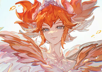 1other androgynous blue_eyes chinese_commentary close-up commentary_request crow0cc dangling_earring dress earrings facial_mark fairy feo_ul final_fantasy final_fantasy_xiv floating_hair hair_floating_upwards hair_ornament highres jewelry looking_at_viewer necklace orange_hair other_focus pale_skin pointy_ears short_twintails smile tiara twintails upper_body white_background