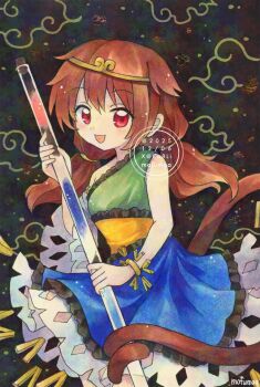 Rule 34 | 1girl, artist name, blue dress, brown hair, circlet, commentary, detached sleeves, dress, green dress, highres, holding, long hair, looking at viewer, low twintails, maa (forsythia1729), monkey girl, monkey tail, open mouth, prehensile tail, red eyes, single-shoulder dress, single detached sleeve, single strap, smile, solo, son biten, tail, tail wrap, test tube, touhou, traditional media, twintails, twitter username, watermark, white sleeves, yellow dress