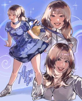 Rule 34 | 1girl, 2026 winter olympics, alysa liu, black eyes, blonde hair, blue choker, blue dress, breasts, brown hair, character name, choker, commentary, dress, english commentary, face piercing, highres, ice skates, instagram username, jacket, jewelry, leaning forward, looking at viewer, mole, mole above mouth, mole on cheek, mouth piercing, multicolored hair, multiple views, necklace, olympics, open mouth, parted lips, piercing, real life, shoes, skates, small breasts, smile, sparkle, streaked hair, taaaggi, white jacket, white shoes