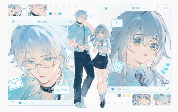 ! 1boy 1girl absurdres alternate_universe ankle_socks annann_nna black_choker black_pants black_shoes black_skirt blue_eyes blue_necktie breasts character_name choker chrysos_heirs_school_uniform collared_shirt commentary confession envelope facing_viewer full_body glasses grey_hair grey_socks hand_on_own_neck hand_up hetero highres holding holding_envelope holding_letter holding_paper honkai:_star_rail honkai_(series) letter loafers long_hair looking_at_another love_letter medium_breasts multiple_views necktie official_alternate_costume pants paper phainon_(honkai:_star_rail) school_uniform shirt shoes short_sleeves skirt socks speech_bubble spoken_exclamation_mark stelle_(honkai:_star_rail) striped_clothes striped_necktie symbol-only_commentary trailblazer_(honkai:_star_rail) untucked_shirt user_interface white_shirt white_shoes yellow_eyes