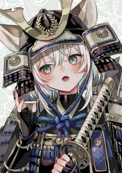 1girl absurdres animal_ears armor black_gloves blue_rope blush dou fingerless_gloves gauntlets gloves green_eyes helmet highres holding holding_sword holding_weapon japanese_armor kabuto_(helmet) katana looking_to_the_side lower_teeth_only nose_blush open_mouth original patterned_background rope samurai short_hair_with_long_locks shoulder_armor sode solo suzaku_(zaku6584) sword teeth upper_body weapon white_hair