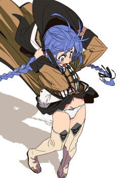 1girl blue_eyes blue_hair boots clothes_lift commentary_request dress dress_lift fu-ta hat highres long_hair lower_teeth_only midriff_peek mushoku_tensei navel open_mouth panties roxy_migurdia solo stomach teeth thigh_boots underwear very_long_hair white_panties witch_hat