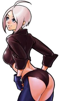 1girl angel_(kof) ass blue_eyes breasts curvy female_focus from_behind gloves huge_ass huge_breasts jacket large_breasts leather pale_skin panties short_hair smile smiley_face the_king_of_fighters thick_thighs thighs underwear white_hair