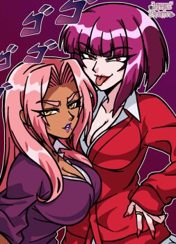 angled_bob bob_cut breasts cleavage highres ingrid_(taimanin_asagi) itakeabite large_breasts long_hair menacing_(jojo) oboro_(taimanin_asagi) pink_hair purple_hair purple_lips red_eyes taimanin_(series) teacher teacher_outfit tongue tongue_out yellow_eyes
