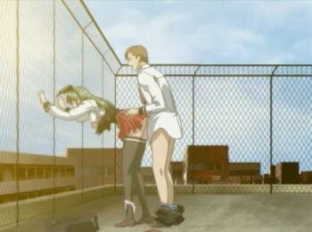 00s 1boy 1girl against_fence animated animated_gif ass bent_over bible_black bible_black_only black_thighhighs bouncing_breasts breasts breasts_out chain-link_fence clothed_sex fence green_hair ito_mika large_breasts long_hair panties panties_around_leg penis ribbon rooftop school_uniform sex skirt thighhighs uncensored underwear vaginal zettai_ryouiki
