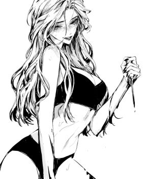 1girl blood blood_on_arm bloody_weapon breasts cowboy_shot fingernails greyscale hair_between_eyes hand_up holding holding_screwdriver holding_weapon long_hair looking_down medium_breasts monochrome original parted_lips screwdriver short_shorts shorts simple_background smile solo sports_bra stomach sweat teeniika weapon white_background