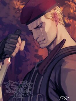 Rule 34 | 1boy, 5tatsu, artist name, beret, black gloves, bulletproof vest, closed mouth, fingerless gloves, gloves, grey eyes, grey shirt, hat, highres, holding, holding knife, jack krauser, knife, light smile, looking at viewer, male focus, red hat, resident evil, resident evil 4, scar, scar across eye, scar on face, shirt, solo, upper body