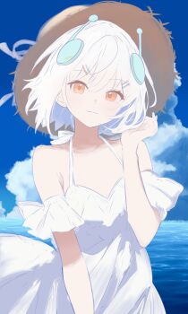 Rule 34 | 1girl, antennae, armpit crease, bare shoulders, blush, bob cut, breasts, cleavage, cloud, collarbone, detached sleeves, dress, ellie minibot, fake antennae, frills, hair ornament, hairclip, halterneck, hand up, hat, highres, indie virtual youtuber, looking at viewer, medium breasts, noire neige, ocean, orange eyes, outdoors, short hair, sky, smile, solo, straw hat, swept bangs, virtual youtuber, white dress, white hair