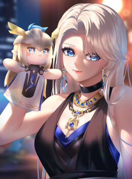 1girl a-soul absurdres bare_shoulders blonde_hair blue_eyes blurry blurry_background breasts cartethyia_(wuthering_waves) closed_mouth commentary_request earrings eileen_(a-soul) hand_puppet hand_up highres jewelry long_hair looking_at_viewer medium_breasts puppet smile solo upper_body wuthering_waves ymmy203203