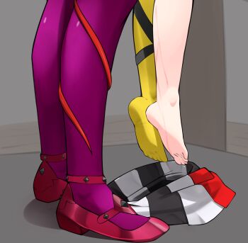 2girls absurdres feet hakos_baelz hanging_legs highres hololive hololive_english implied_yuri irys_(hololive) mouse_tail multicolored_skirt multiple_girls nobarts pink_thighhighs red_shoes sexually_suggestive shoes single_bare_foot single_sock skirt socks standing strap sweat tail tail_around_another's_leg tail_wrap thighhighs unworn_skirt virtual_youtuber