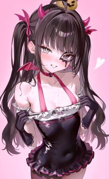 1girl :d absurdres arm_strap bare_shoulders black_dress black_gloves black_hair breasts brown_dust_(series) brown_dust_2 character_request choker clothing_cutout collarbone covered_navel demon_horns dress elbow_gloves eye_mask food-themed_hair_ornament fymrie gloves grey_eyes grin hair_ornament hair_tie halloween_costume highres horns long_hair looking_at_viewer mask mismatched_pupils navel_cutout off_shoulder open_mouth pink_background pink_choker pulling_own_clothes pumpkin_hair_ornament short_dress short_sleeves simple_background small_breasts smile solo two_side_up