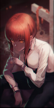 1girl absurdres black_pants blurry blurry_background chainsaw_man cigarette closed_mouth collared_shirt formal_clothes highres holding holding_cigarette long_sleeves lusiperble makima_(chainsaw_man) orange_eyes pant_suit pants red_hair shirt sidelocks smoke solo suit white_shirt