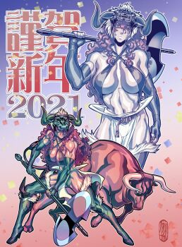 1girl 2021 absurdres axe battle_axe boots breasts brown_hair bull chinese_zodiac cleavage curly_hair helmet highres holding holding_axe holding_weapon koyanagi_royal long_hair looking_at_viewer scar scar_on_face tagme thigh_boots weapon year_of_the_ox