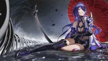 1girl absurdres acheron_(honkai:_star_rail) arm_support armor black_boots black_choker black_gloves black_shorts bone boots breasts choker cleavage coat collarbone commentary elbow_gloves eyes_visible_through_hair fuann full_body gloves grey_background grey_sky hair_over_one_eye highres honkai:_star_rail honkai_(series) leg_tattoo long_hair long_sleeves looking_at_viewer medium_breasts midriff multicolored_hair navel oil-paper_umbrella on_water outstretched_leg outstretched_legs parted_lips planted planted_sword planted_weapon purple_eyes purple_hair red_umbrella revision short_shorts shorts shoulder_armor sidelocks single_bare_shoulder single_elbow_glove single_glove single_sleeve sitting sky solo streaked_hair sword tattoo thigh_boots umbrella weapon white_coat