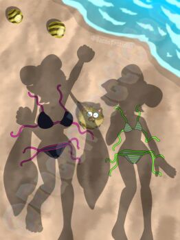 2girls arm_up bacontactician beach bikini black_bikini callie_(splatoon) dressed_shadow_(meme) highres implied_nudity li&#039;l_judd_(splatoon) lowleg lowleg_bikini marie_(splatoon) meme multiple_girls nintendo splatoon_(series) striped_bikini striped_clothes swimsuit unworn_bikini water wide-eyed
