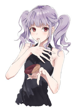 1girl bang_dream! bang_dream!_girls_band_party! bare_shoulders collared_shirt commentary cropped_torso donut food highres holding holding_donut holding_food licking_own_finger looking_at_viewer purple_hair red_eyes shirt simple_background sleeveless sleeveless_shirt solo twintails udagawa_ako upper_body white_background yukitake_(bullfalk)