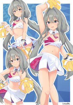 1girl absurdres alternate_costume arm_up artist_name bare_shoulders blue_archive blue_background blunt_bangs blush border breasts character_name cheerleader cleavage closed_mouth collarbone commentary copyright_name cowboy_shot english_commentary feet_out_of_frame frown fujikawa_mia grey_eyes grey_hair hair_between_eyes hair_intakes hand_on_own_hip hand_up highres holding holding_pom_poms long_hair looking_at_viewer loopers low_twintails lunarethic millennium_cheerleader_outfit_(blue_archive) miniskirt multiple_views name_tag navel open_mouth outline outside_border pleated_skirt pom_pom_(cheerleading) pom_poms sidelocks simple_background skirt small_breasts smile sports_bra standing stomach sweatdrop tsurime twintails very_long_hair white_border white_outline white_skirt