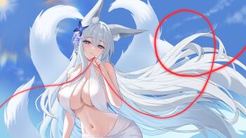 1girl absurdres alternate_costume azur_lane blue_eyes breasts cleavage commentary_request day flower hair_flower hair_ornament highres kitsune kyuubi large_breasts long_hair looking_at_viewer multiple_tails navel outdoors purple_flower shinano_(azur_lane) solo string string_of_fate tail very_long_hair white_hair white_tail yatogami96