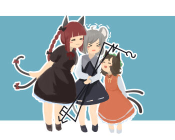 &gt;_&lt; 3girls :3 :d =_= ^_^ animal_ears aqua_background arms_behind_back black_dress black_shoes blunt_bangs blush_stickers bow bowtie braid brown_hair capelet cat_ears cat_girl cat_tail chen closed_eyes dress frilled_dress frills furahata_gen grey_capelet grey_hair hair_between_eyes hair_bow hand_on_own_arm highres holding kaenbyou_rin leaning_forward long_sleeves medium_hair mouse_ears mouse_girl multiple_girls multiple_tails nazrin nervous open_mouth orange_dress red_bow red_bowtie shirt shoes short_hair short_sleeves sleeve_cuffs smile standing sweatdrop swept_bangs tail teeth touhou trembling twin_braids two-tone_background two_tails upper_teeth_only white_background white_shirt white_shoes