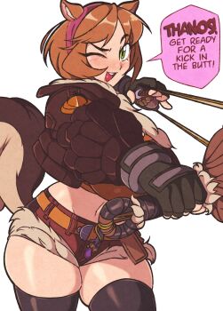 1girl ;d absurdres acorn aiming animal_ear_hairband animal_ears black_gloves black_thighhighs brown_hair brown_jacket brown_shirt brown_shorts colored_speech_bubble commentary cowboy_shot cropped_jacket cutoffs english_text fake_animal_ears fingerless_gloves gloves green_eyes hairband highres holding_slingshot jacket jeff_miga looking_at_viewer marvel marvel_rivals navel one_eye_closed open_mouth pink_hairband shirt short_hair shorts skindentation smile solo speech_bubble squirrel_ears squirrel_girl_(marvel) squirrel_tail tail thighhighs white_background