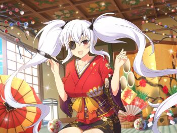 1girl ball bamboo blush bow branch breasts calligraphy_brush collarbone eyepatch floral_print floral_print_kimono folding_screen food fruit gradient_bow hair_ornament japanese_clothes kagami_mochi kimono lantern large_breasts light_particles long_hair looking_at_viewer mandarin_orange new_year obi official_alternate_costume official_art oil-paper_umbrella open_mouth orange_bow paintbrush paper_lantern print_ceiling print_kimono red_eyes sash senran_kagura senran_kagura_new_link senran_kagura_shoujo-tachi_no_shin&#039;ei short_kimono shuriken shuriken_hair_ornament sliding_doors smile solo sparkle twintails umbrella weapon white_hair wooden_ceiling yaegashi_nan yagyu_(senran_kagura) yellow_bow