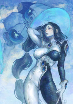 1girl absurdly_long_hair alternate_universe black_bodysuit black_hair blue_gemstone bodysuit breasts commentary contrapposto covered_erect_nipples english_commentary gem gloves gluteal_fold grey_lips hair_flip hand_in_own_hair highres large_breasts long_hair mecha mechanization multi-tied_hair multicolored_bodysuit nat_the_lich nose original pale_skin pandora_acherona_(nat_the_lich) pilot_suit purple_eyes robot scale_print shield_spirit_(nat_the_lich) shoulder_pads size_difference solo split-color_clothes very_long_hair white_bodysuit white_gloves